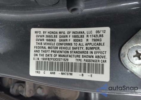 2012 Honda Civic Lx z USA, uszkodzony, nr VIN 19XFB2F53CE071529